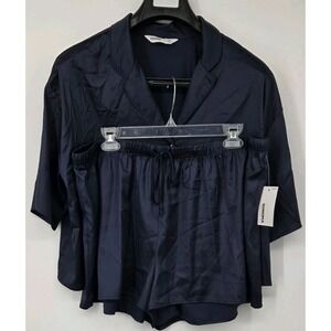 Sonoma Womens Pajama‎ Set Button Up Shirt & Shorts Size 2XL Blue Satin Feel NWT